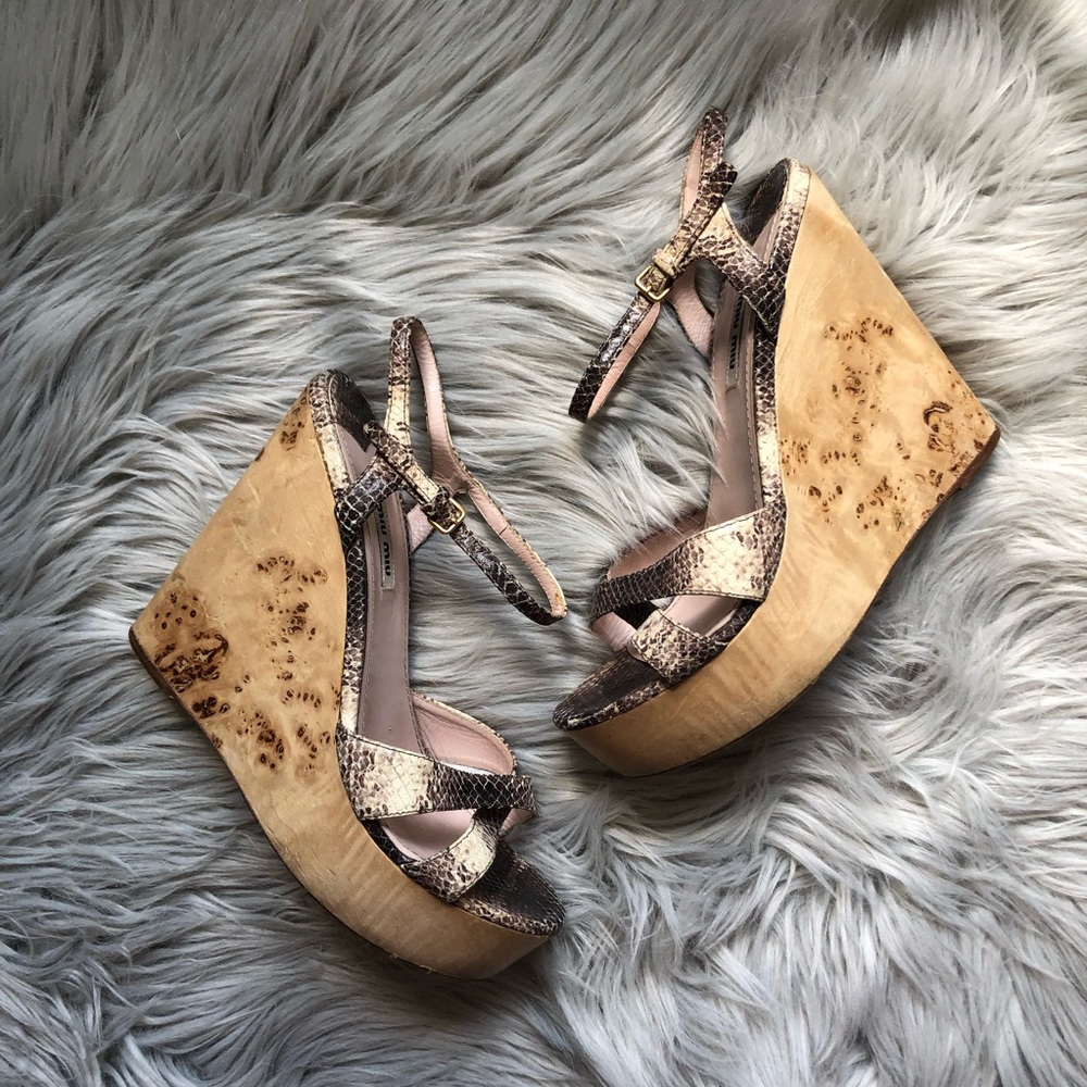 Miu Miu Embossed Leather Wooden Wedge Sandal